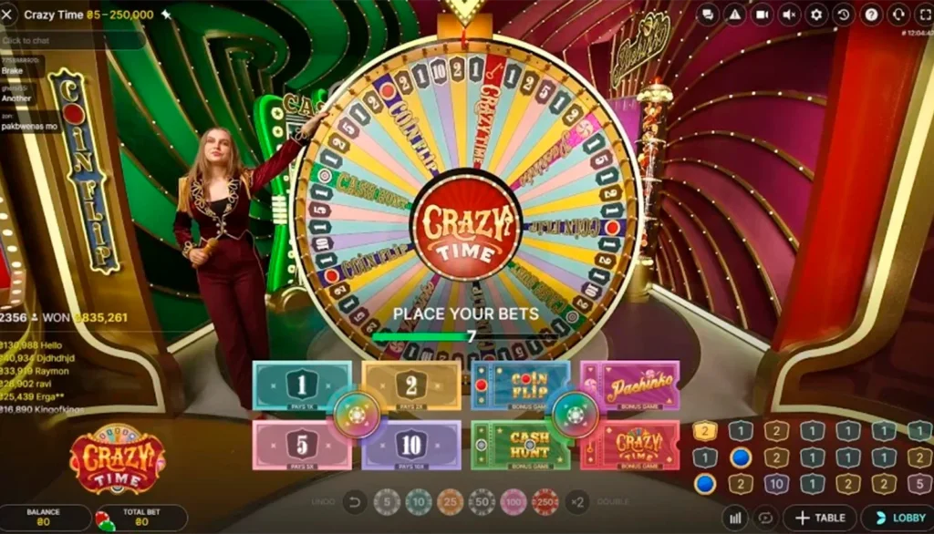Crazy Time betting panel showing the 1, 2, 5, 10 spots and the four bonus tiles